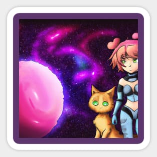 Anime Girl and Cat in Space Sticker